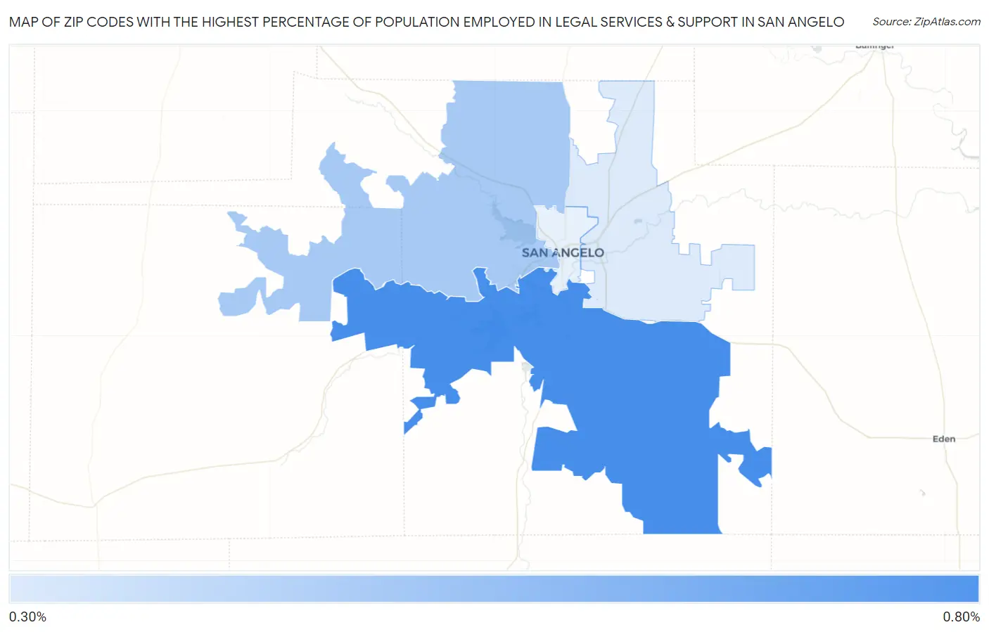 Zip Codes with the Highest Percentage of Population Employed in Legal Services & Support in San Angelo Map