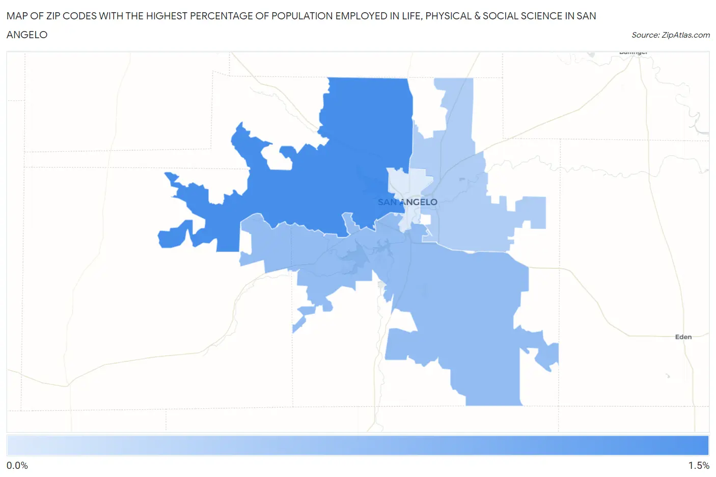 Zip Codes with the Highest Percentage of Population Employed in Life, Physical & Social Science in San Angelo Map