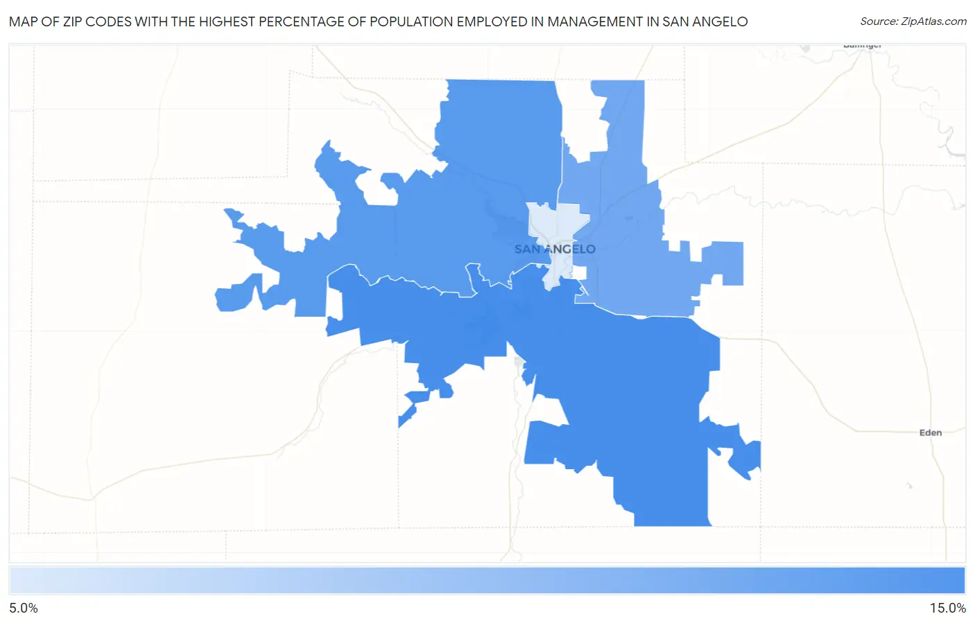 Zip Codes with the Highest Percentage of Population Employed in Management in San Angelo Map