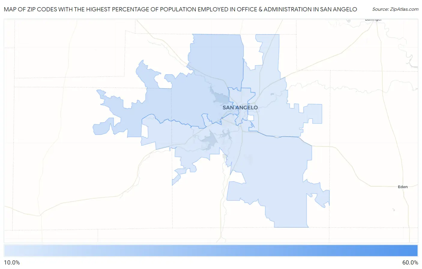 Zip Codes with the Highest Percentage of Population Employed in Office & Administration in San Angelo Map
