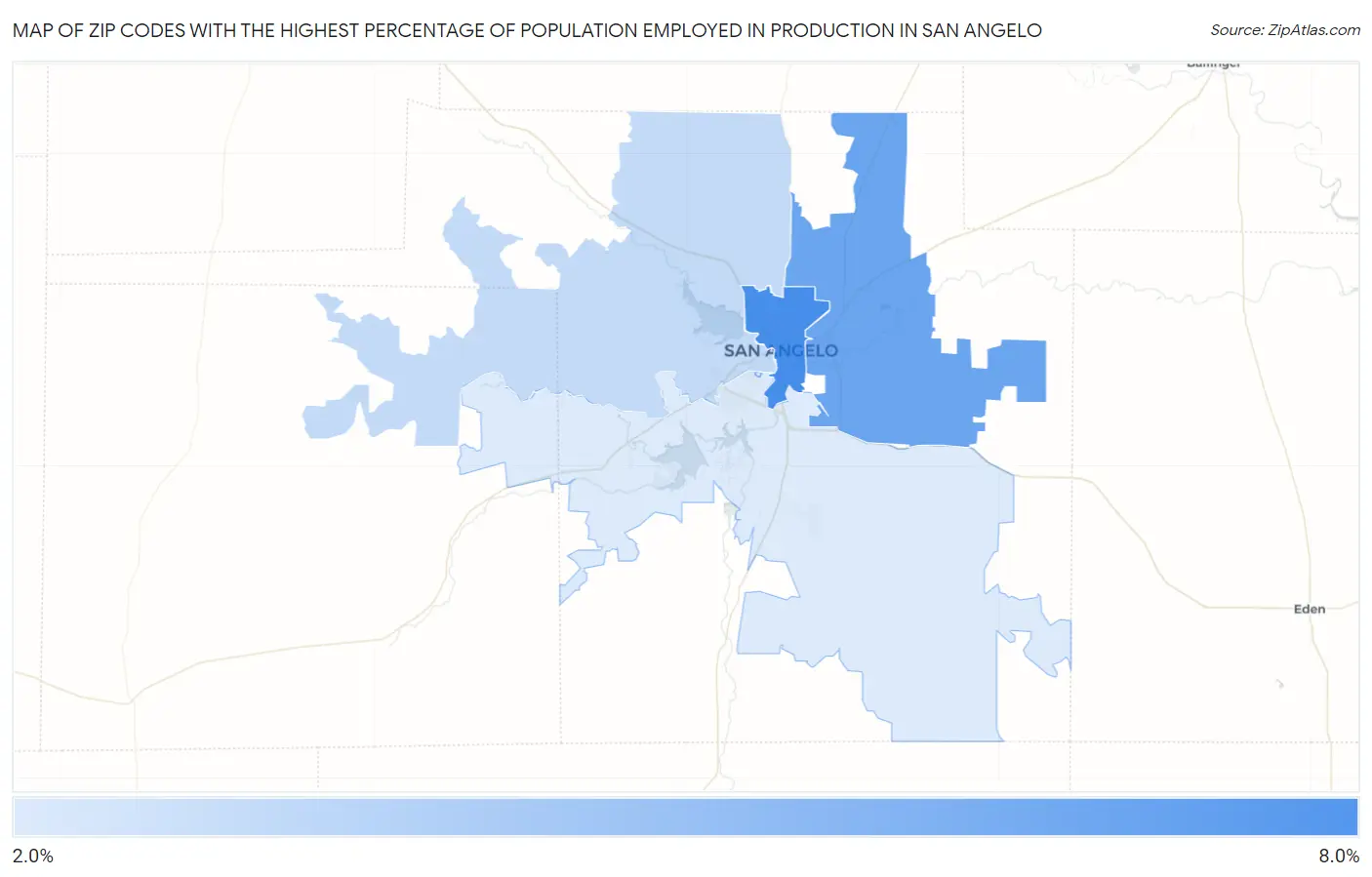 Zip Codes with the Highest Percentage of Population Employed in Production in San Angelo Map