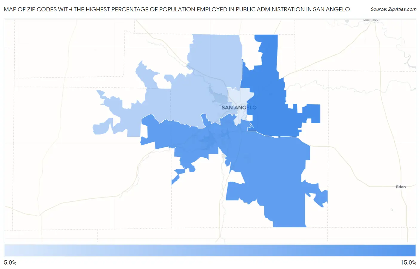Zip Codes with the Highest Percentage of Population Employed in Public Administration in San Angelo Map