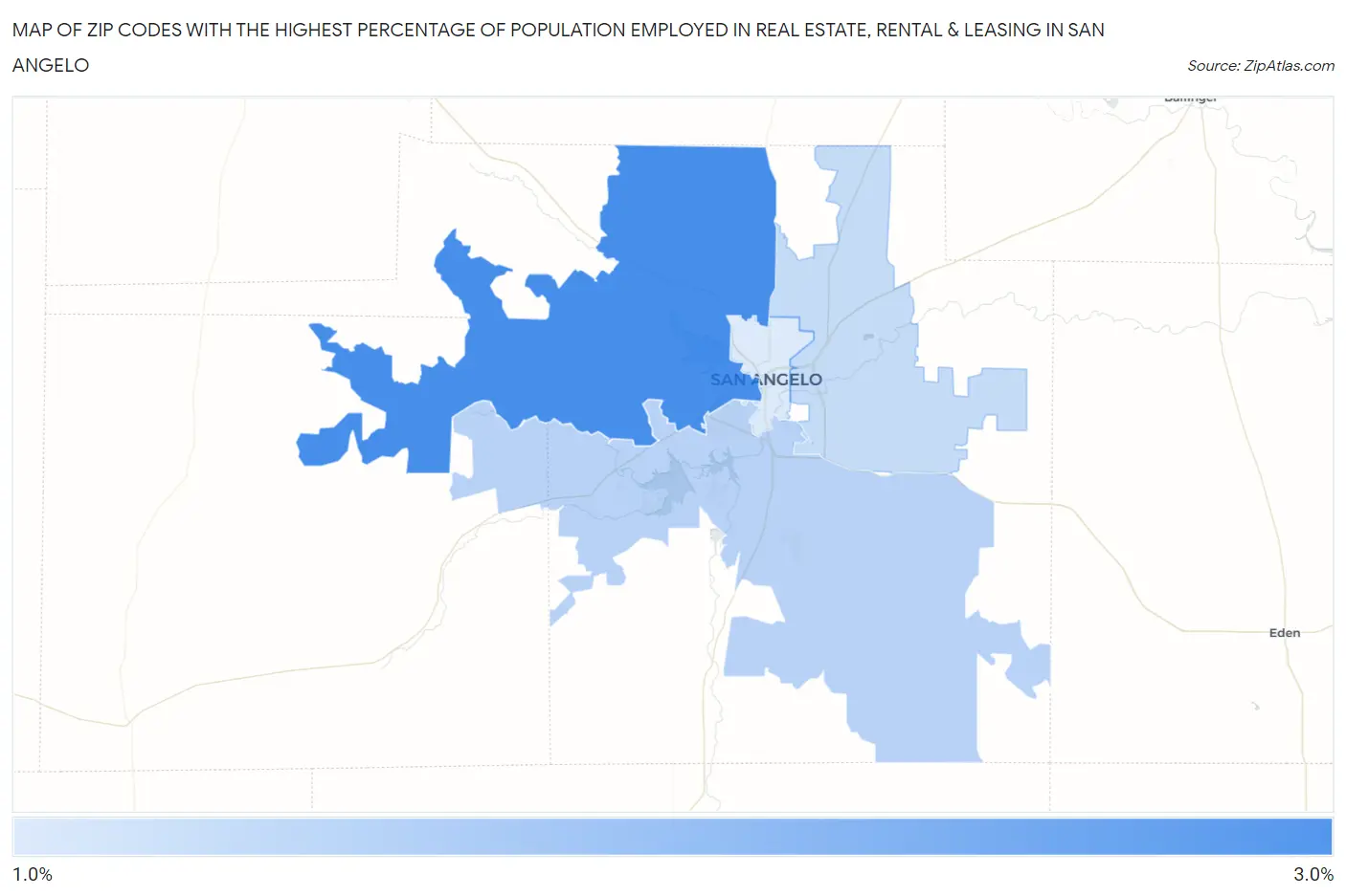 Zip Codes with the Highest Percentage of Population Employed in Real Estate, Rental & Leasing in San Angelo Map