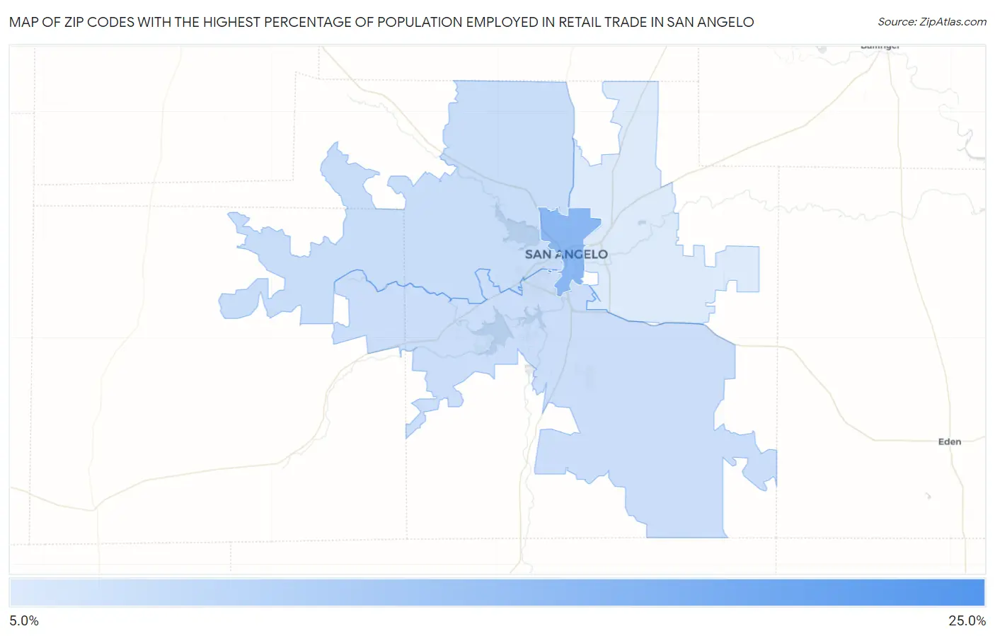 Zip Codes with the Highest Percentage of Population Employed in Retail Trade in San Angelo Map