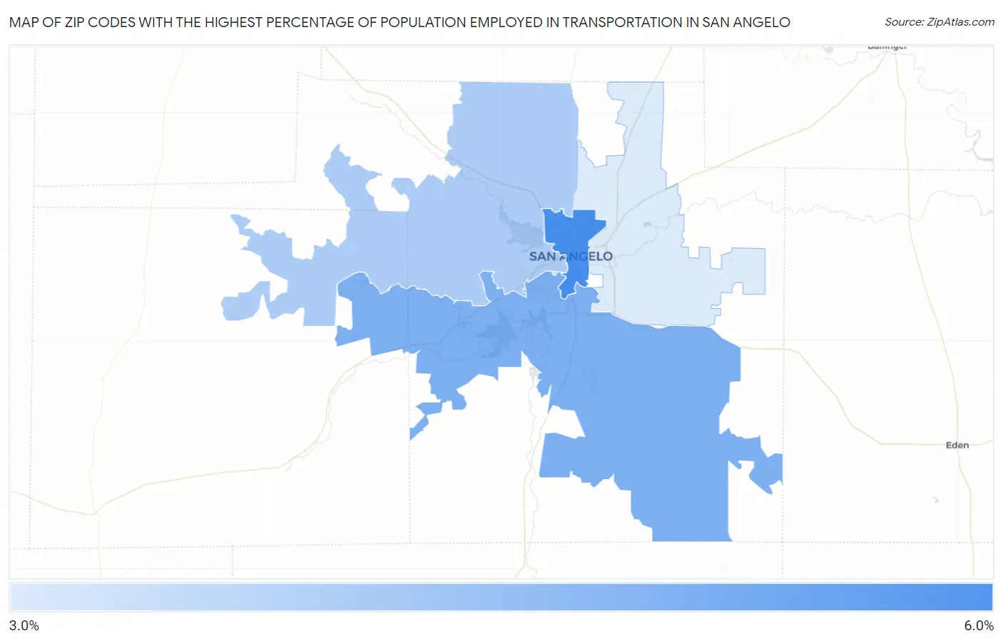 Zip Codes with the Highest Percentage of Population Employed in Transportation in San Angelo Map