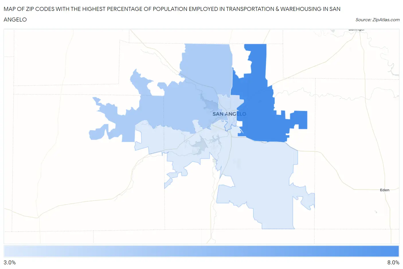 Zip Codes with the Highest Percentage of Population Employed in Transportation & Warehousing in San Angelo Map