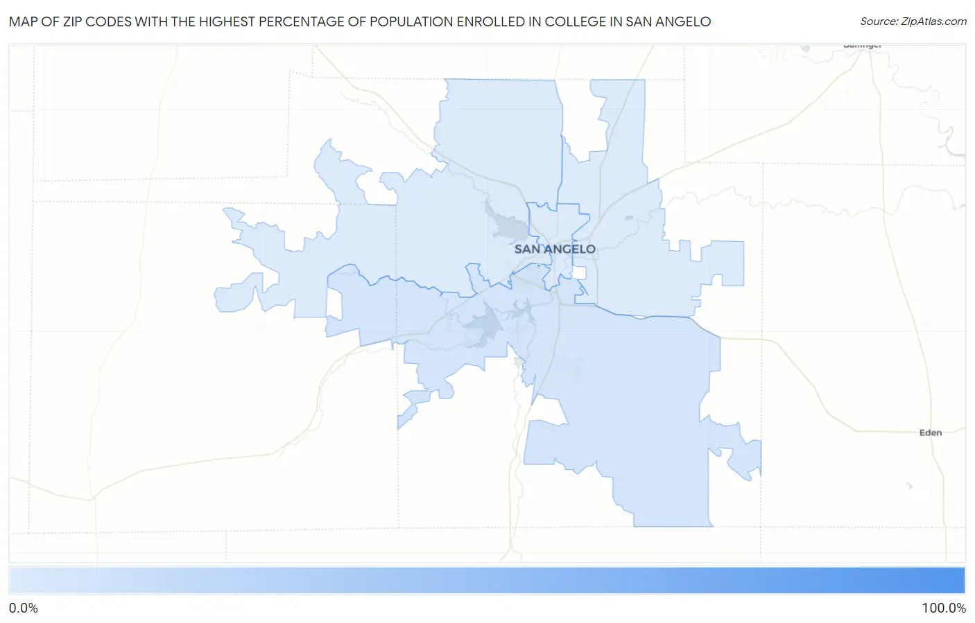 Zip Codes with the Highest Percentage of Population Enrolled in College in San Angelo Map