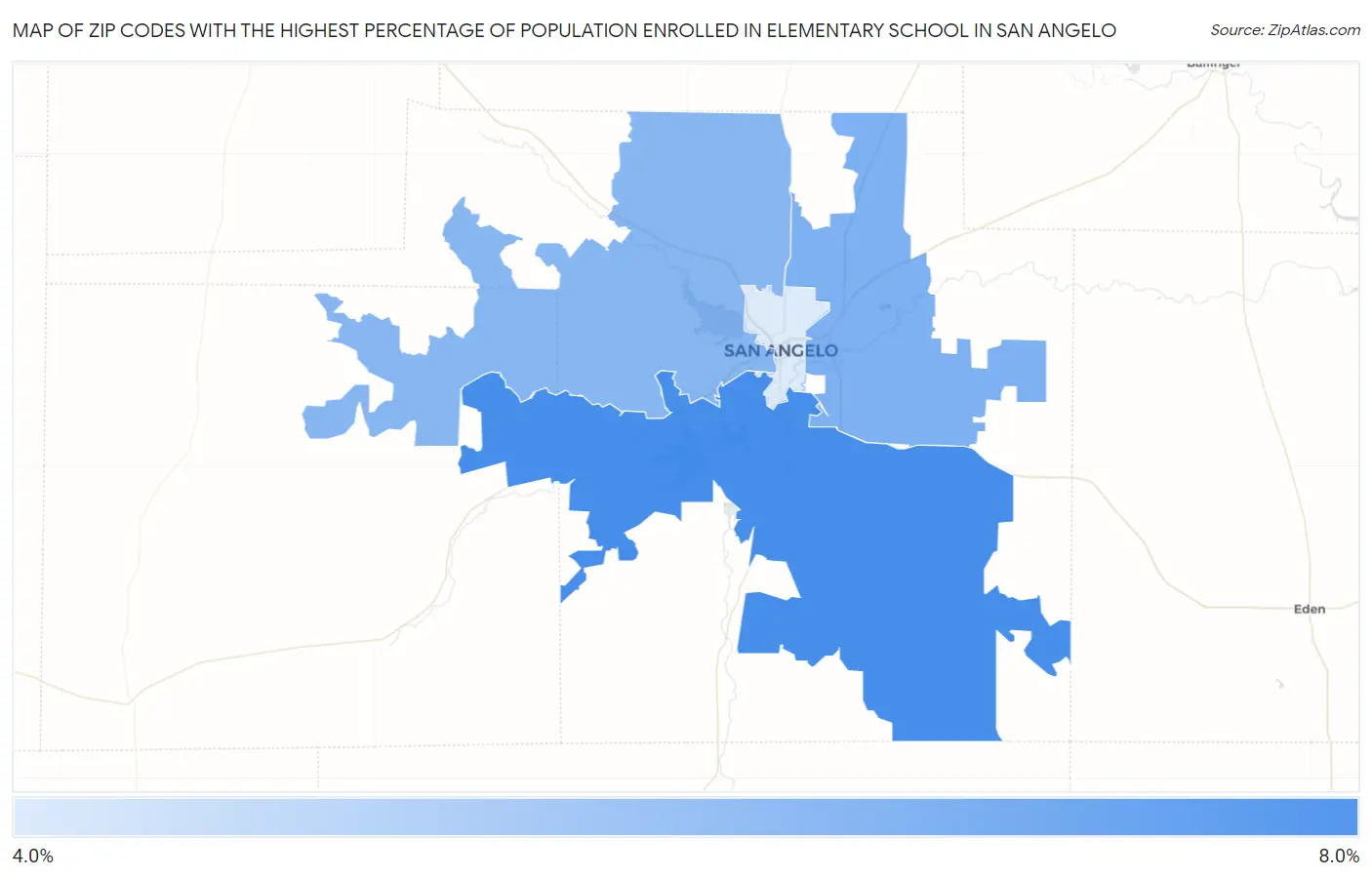 Zip Codes with the Highest Percentage of Population Enrolled in Elementary School in San Angelo Map
