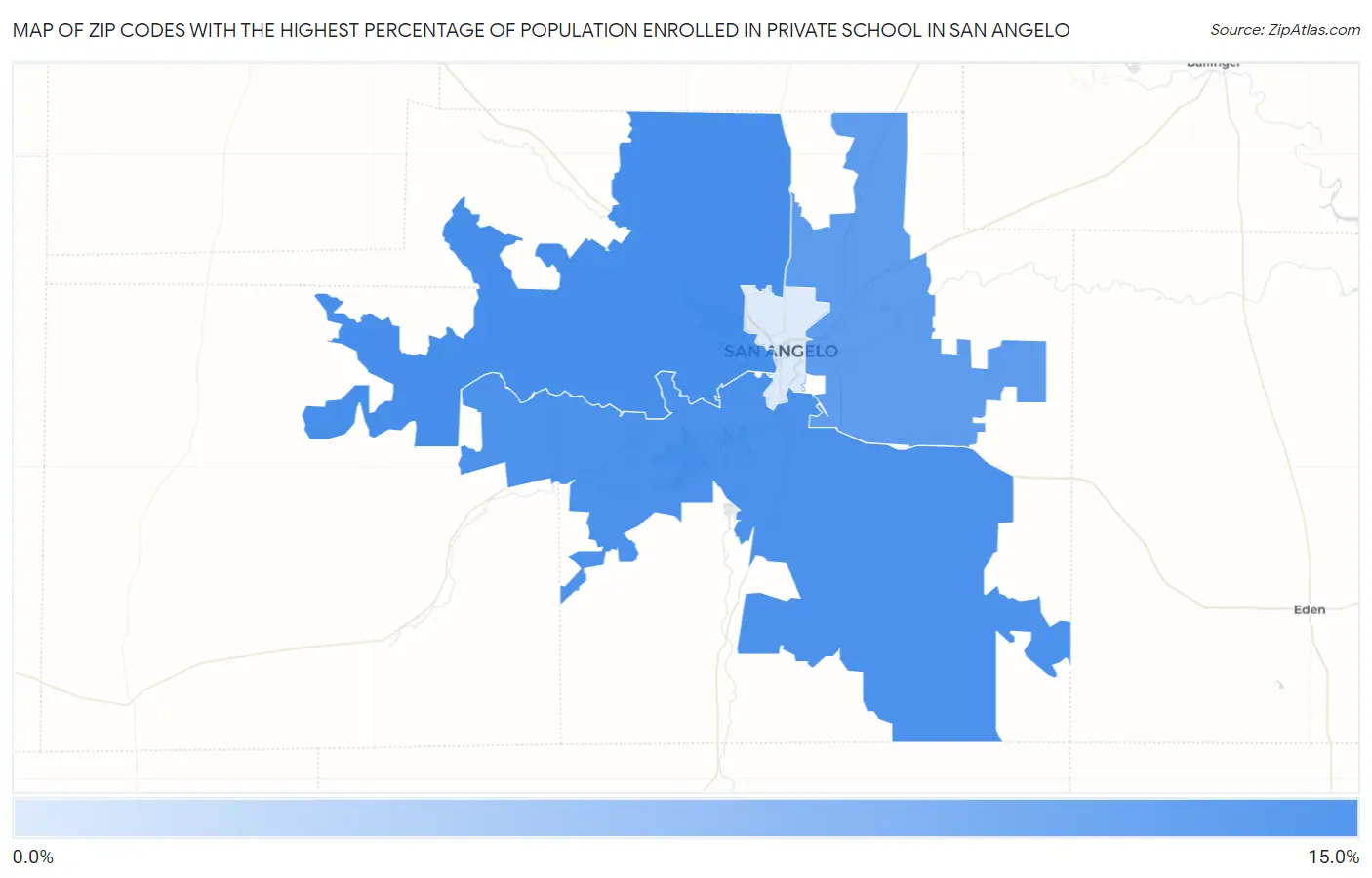 Zip Codes with the Highest Percentage of Population Enrolled in Private School in San Angelo Map