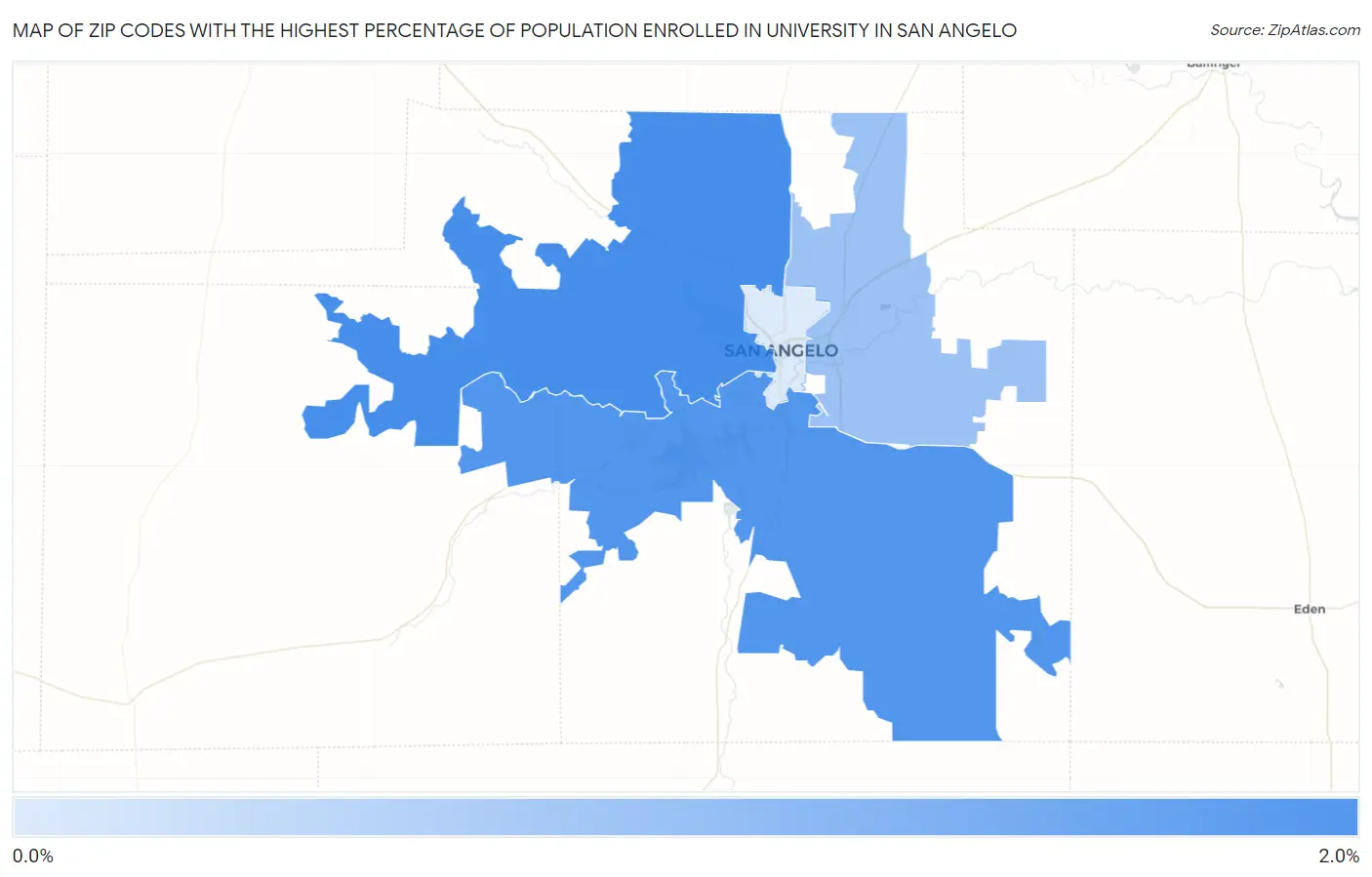 Zip Codes with the Highest Percentage of Population Enrolled in University in San Angelo Map