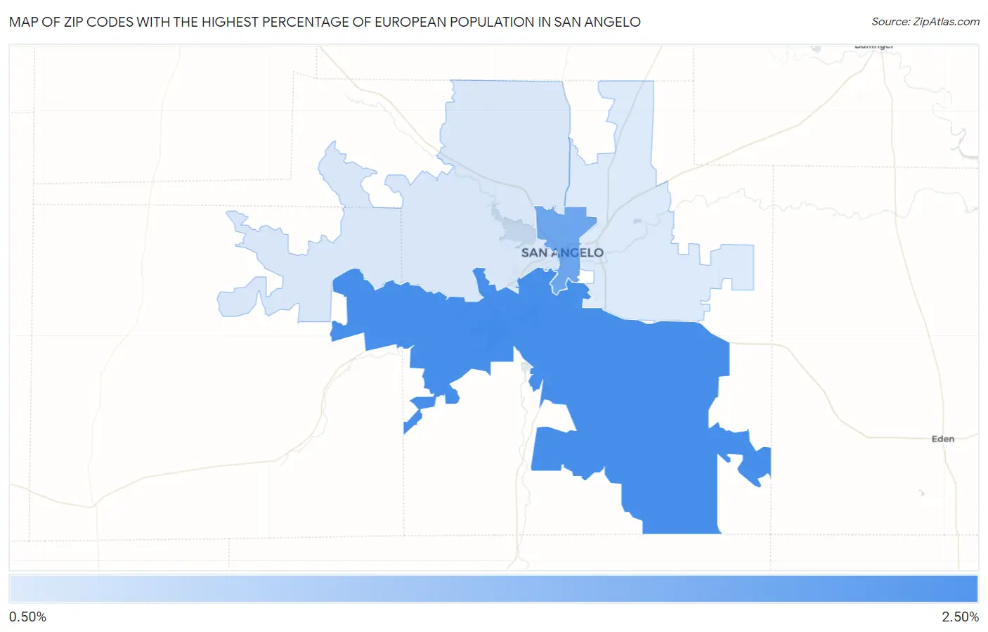 Zip Codes with the Highest Percentage of European Population in San Angelo Map