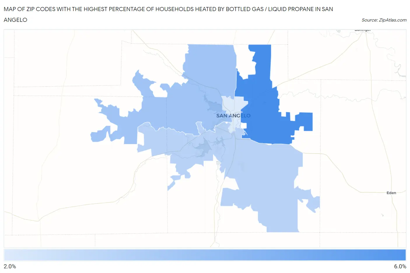 Zip Codes with the Highest Percentage of Households Heated by Bottled Gas / Liquid Propane in San Angelo Map