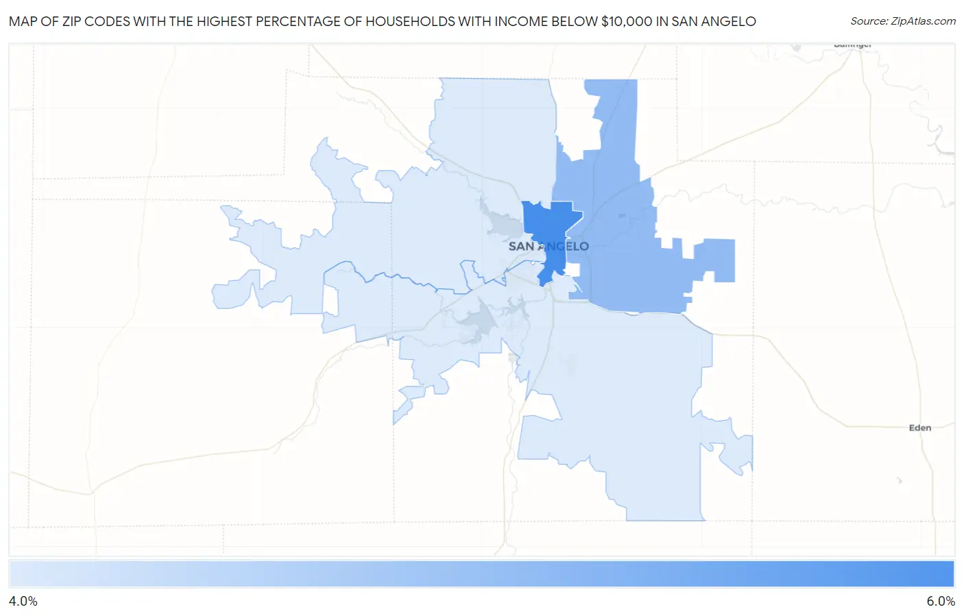 Zip Codes with the Highest Percentage of Households with Income Below $10,000 in San Angelo Map