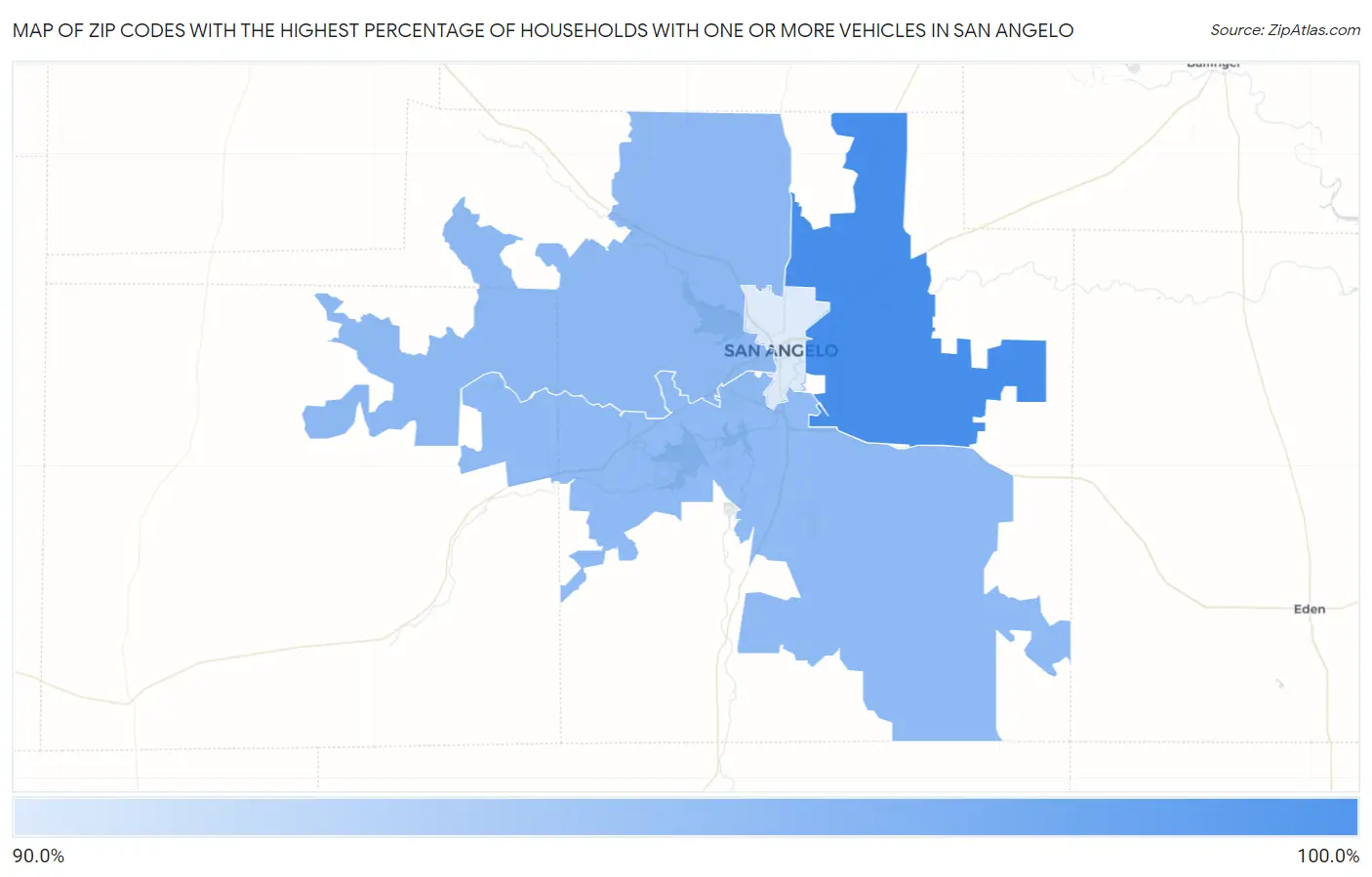 Zip Codes with the Highest Percentage of Households With One or more Vehicles in San Angelo Map