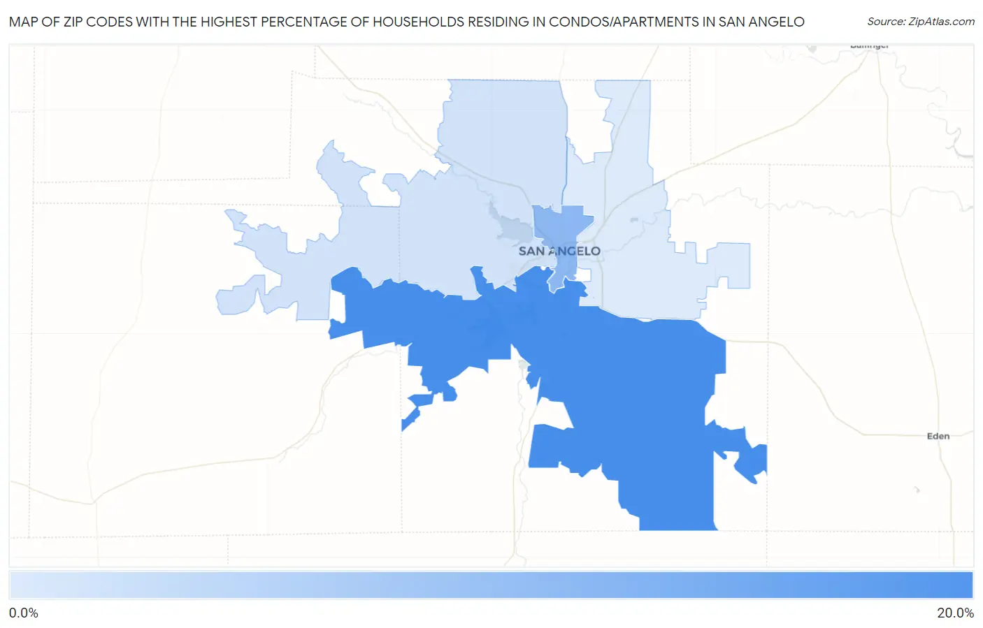 Zip Codes with the Highest Percentage of Households Residing in Condos/Apartments in San Angelo Map