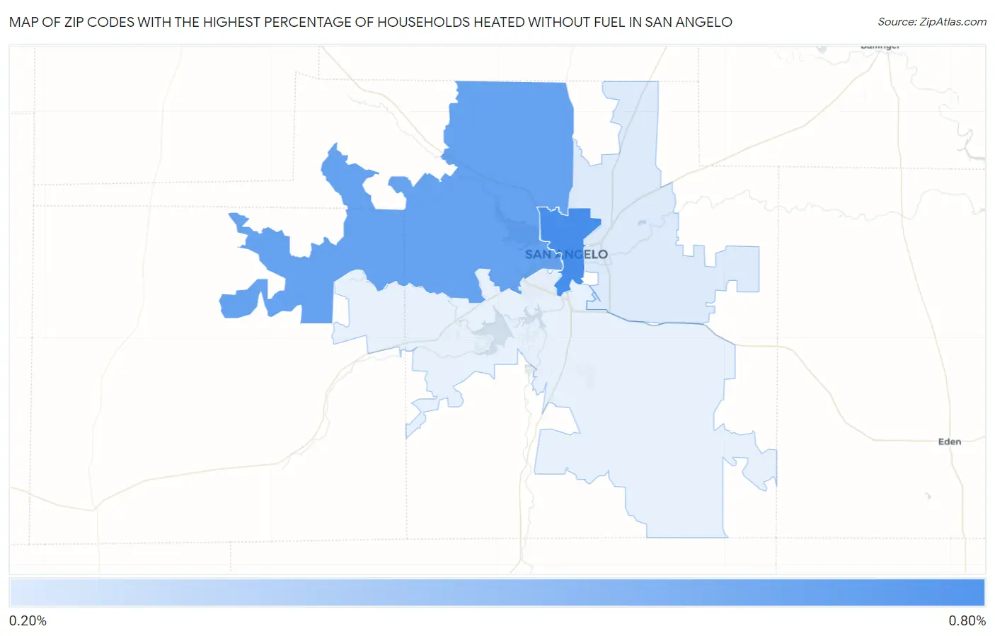 Zip Codes with the Highest Percentage of Households Heated without Fuel in San Angelo Map