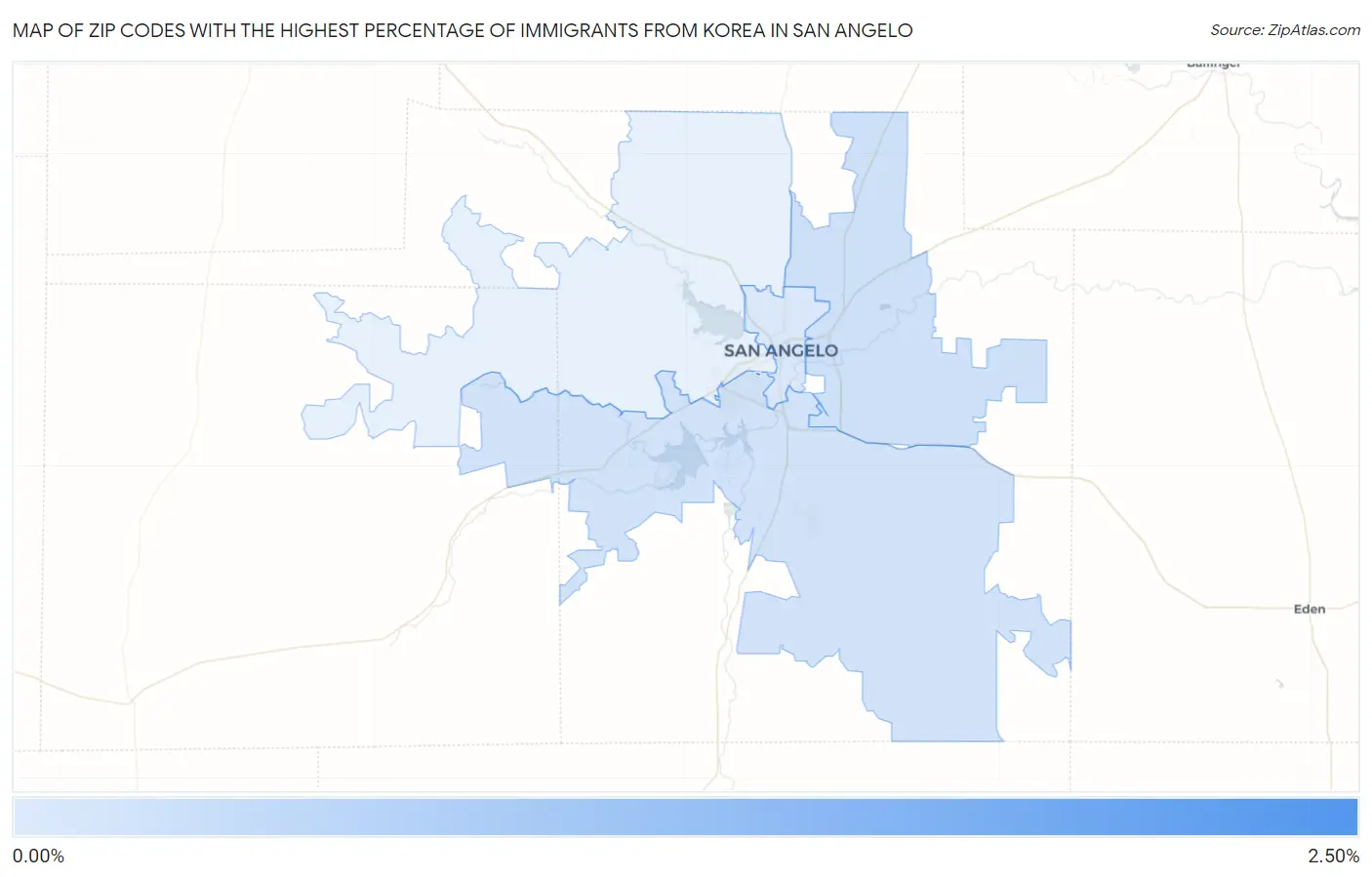 Zip Codes with the Highest Percentage of Immigrants from Korea in San Angelo Map