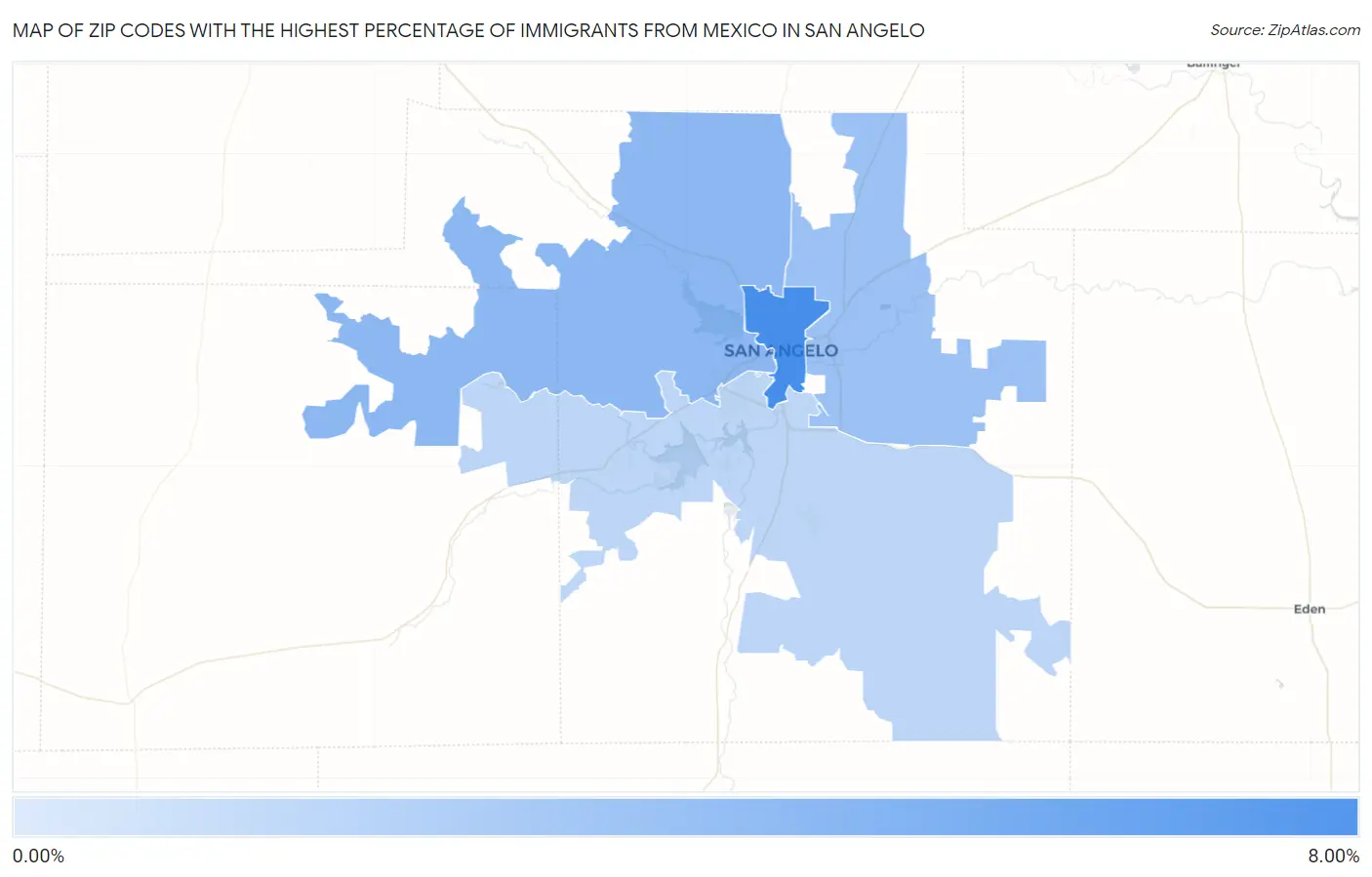 Zip Codes with the Highest Percentage of Immigrants from Mexico in San Angelo Map