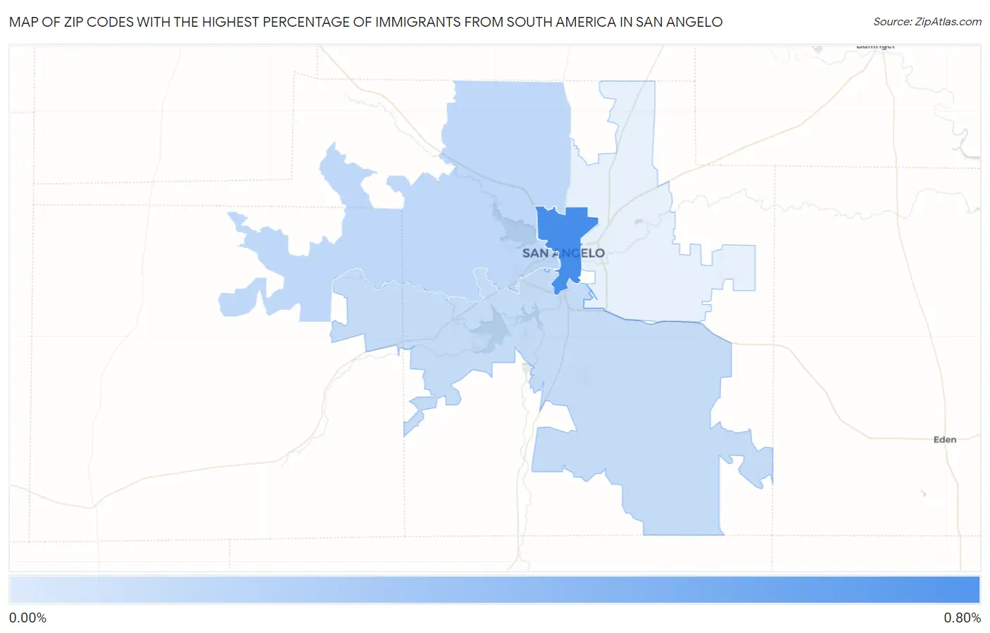 Zip Codes with the Highest Percentage of Immigrants from South America in San Angelo Map