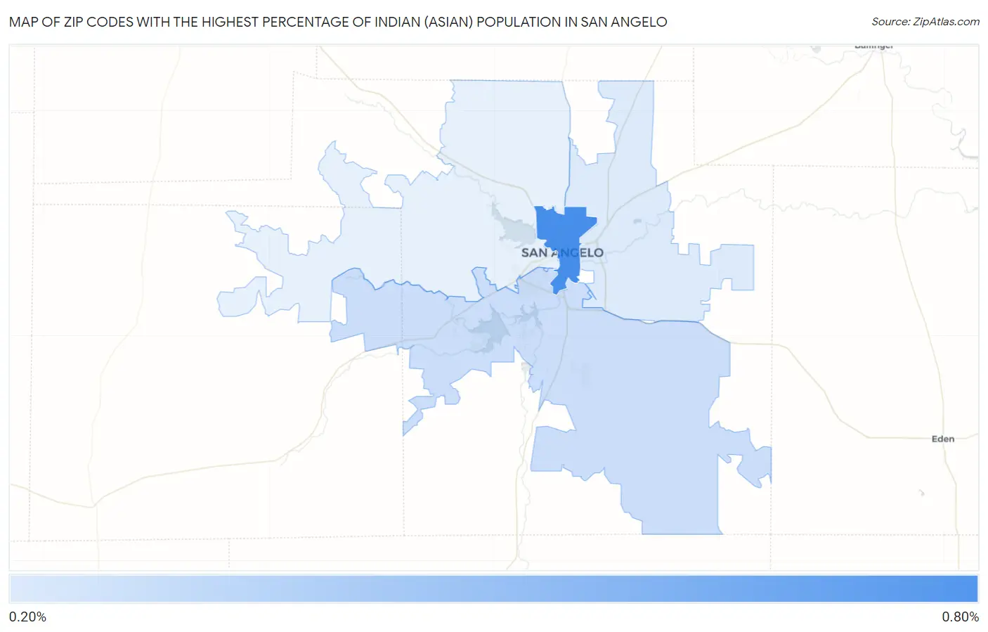 Zip Codes with the Highest Percentage of Indian (Asian) Population in San Angelo Map