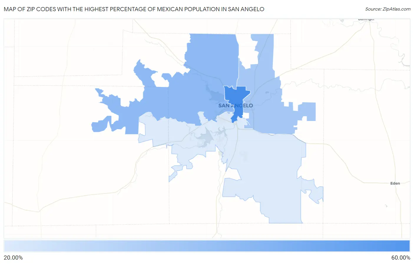 Zip Codes with the Highest Percentage of Mexican Population in San Angelo Map
