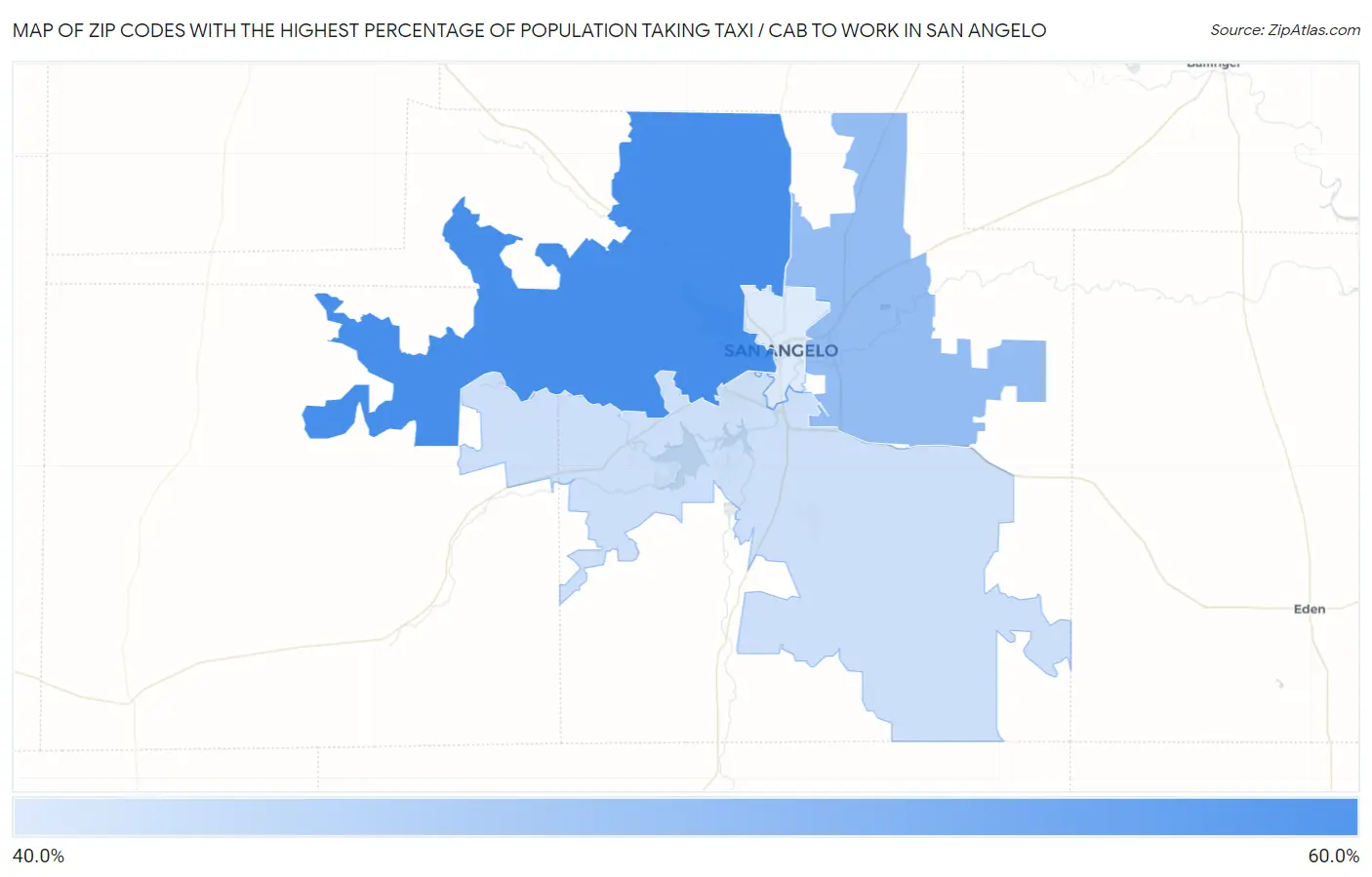 Zip Codes with the Highest Percentage of Population Taking Taxi / Cab to Work in San Angelo Map