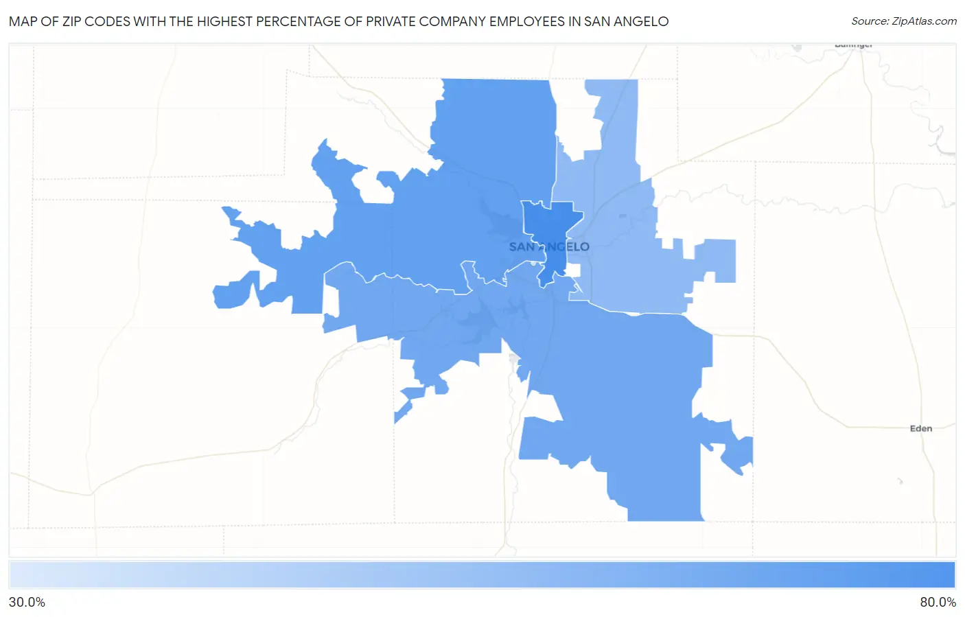 Zip Codes with the Highest Percentage of Private Company Employees in San Angelo Map