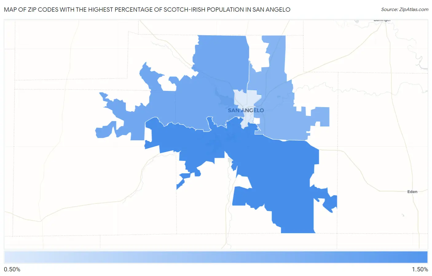Zip Codes with the Highest Percentage of Scotch-Irish Population in San Angelo Map
