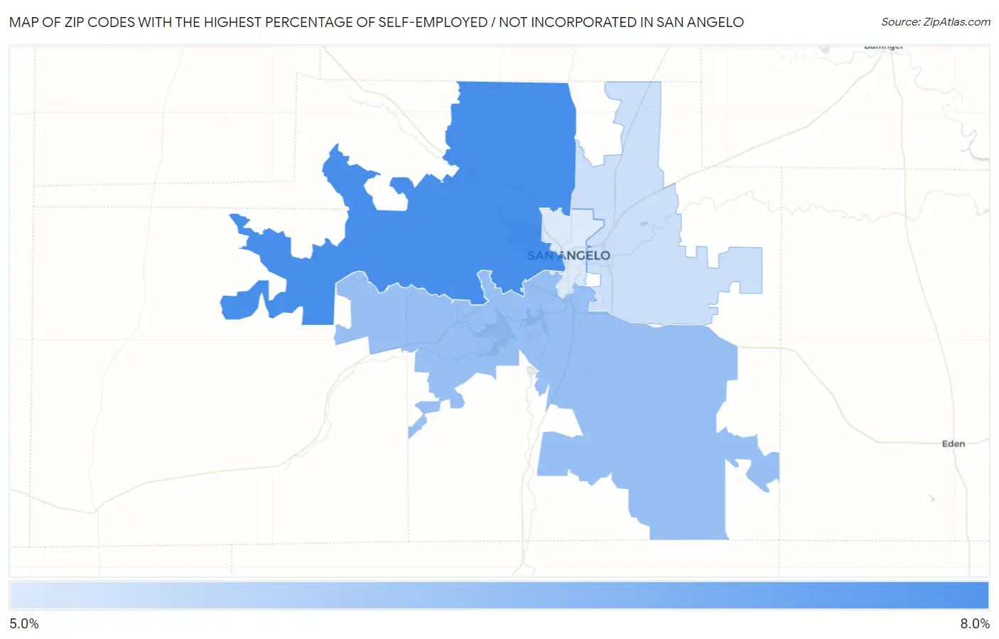 Zip Codes with the Highest Percentage of Self-Employed / Not Incorporated in San Angelo Map