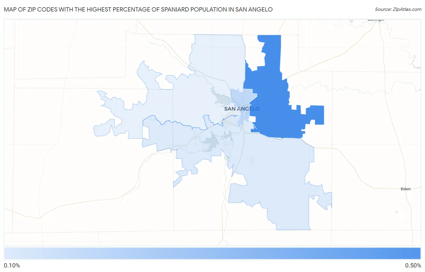 Zip Codes with the Highest Percentage of Spaniard Population in San Angelo Map