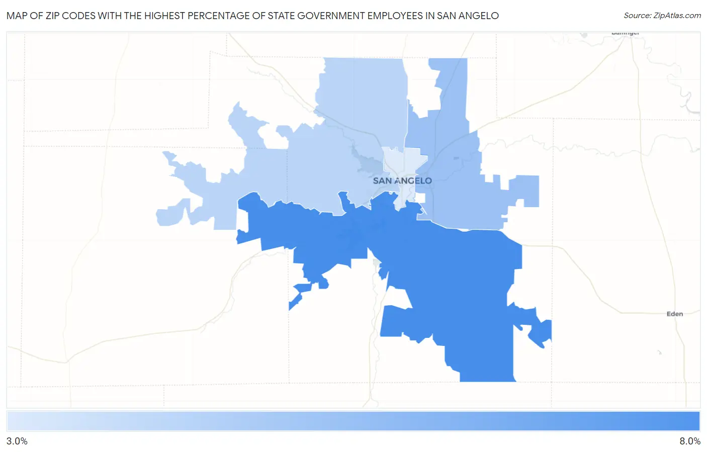 Zip Codes with the Highest Percentage of State Government Employees in San Angelo Map