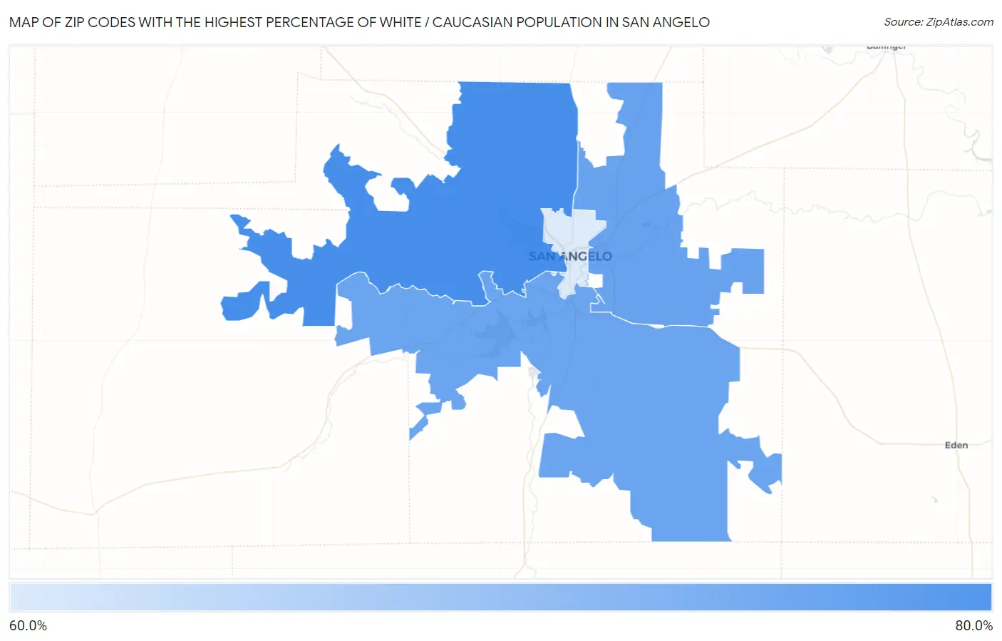 Zip Codes with the Highest Percentage of White / Caucasian Population in San Angelo Map
