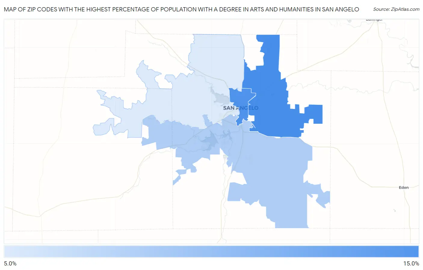 Zip Codes with the Highest Percentage of Population with a Degree in Arts and Humanities in San Angelo Map