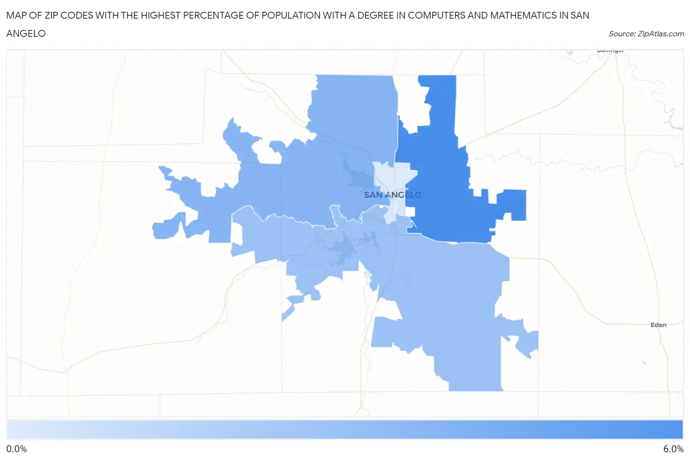 Zip Codes with the Highest Percentage of Population with a Degree in Computers and Mathematics in San Angelo Map