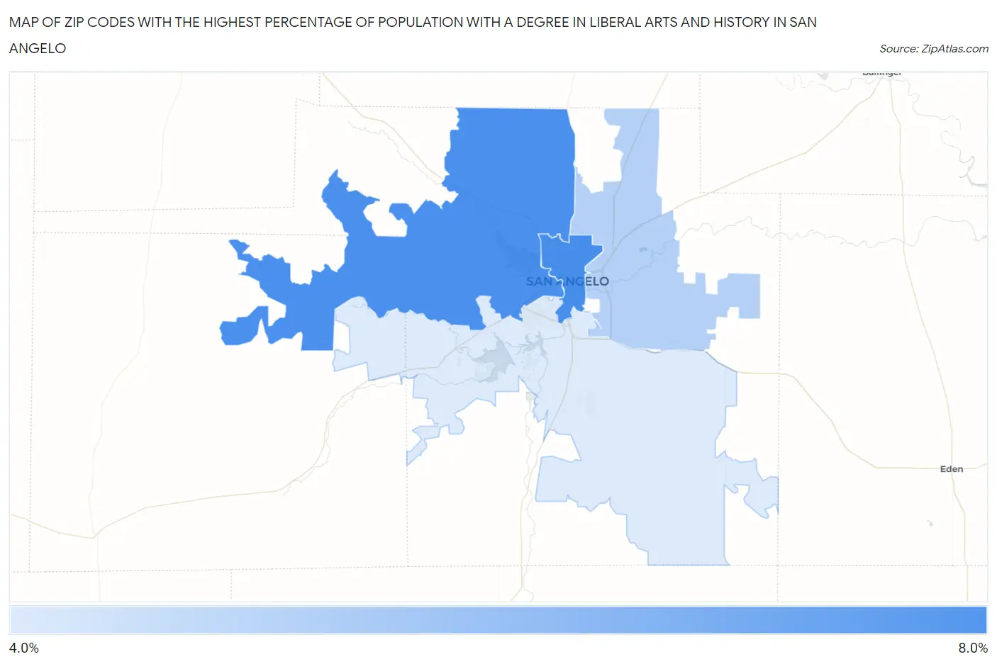Zip Codes with the Highest Percentage of Population with a Degree in Liberal Arts and History in San Angelo Map