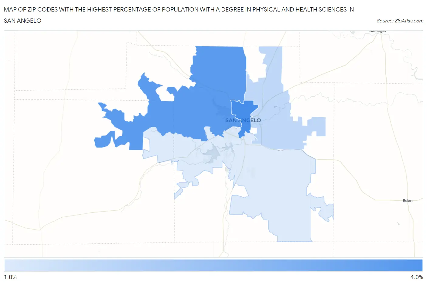 Zip Codes with the Highest Percentage of Population with a Degree in Physical and Health Sciences in San Angelo Map