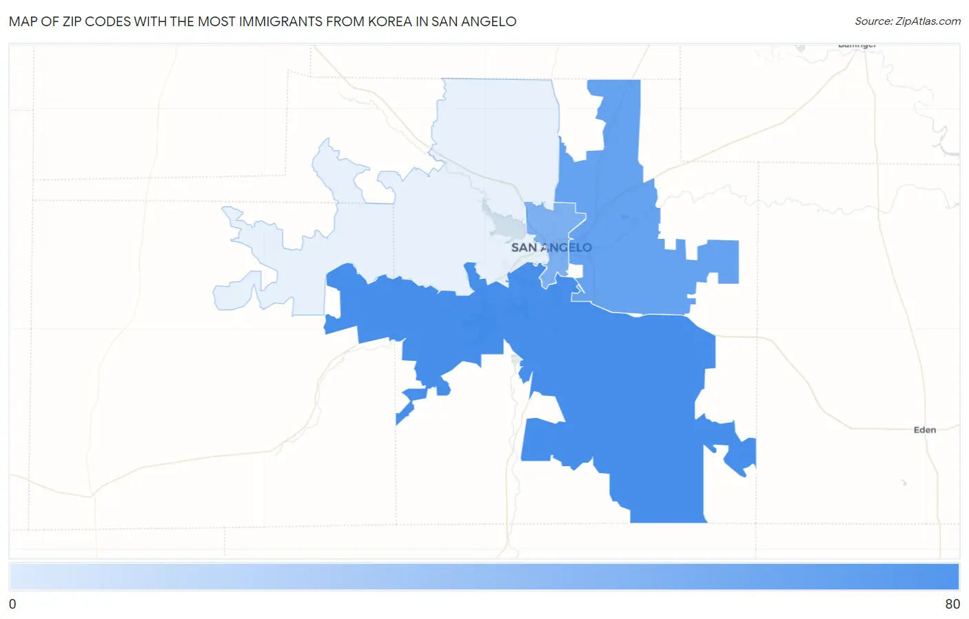 Zip Codes with the Most Immigrants from Korea in San Angelo Map