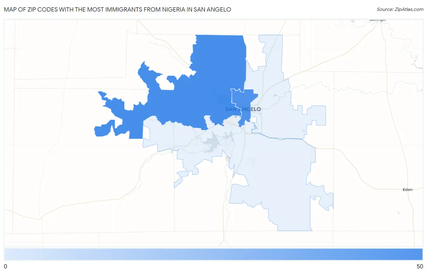 Zip Codes with the Most Immigrants from Nigeria in San Angelo Map