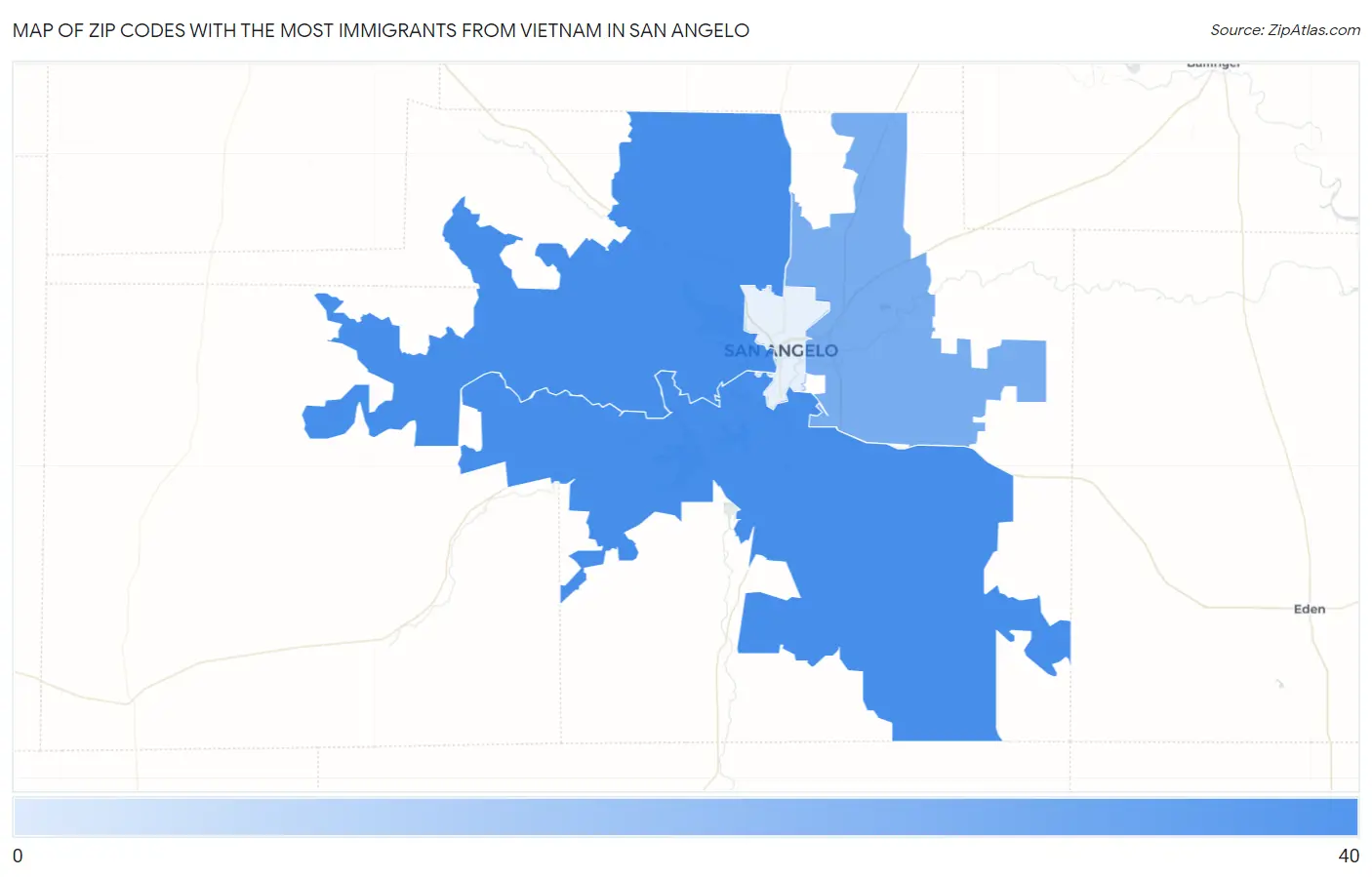 Zip Codes with the Most Immigrants from Vietnam in San Angelo Map
