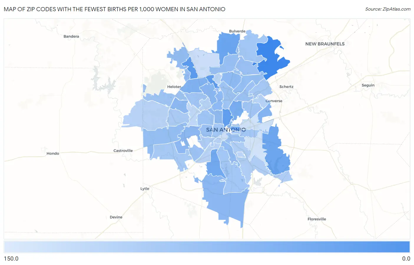 Zip Codes with the Fewest Births per 1,000 Women in San Antonio Map