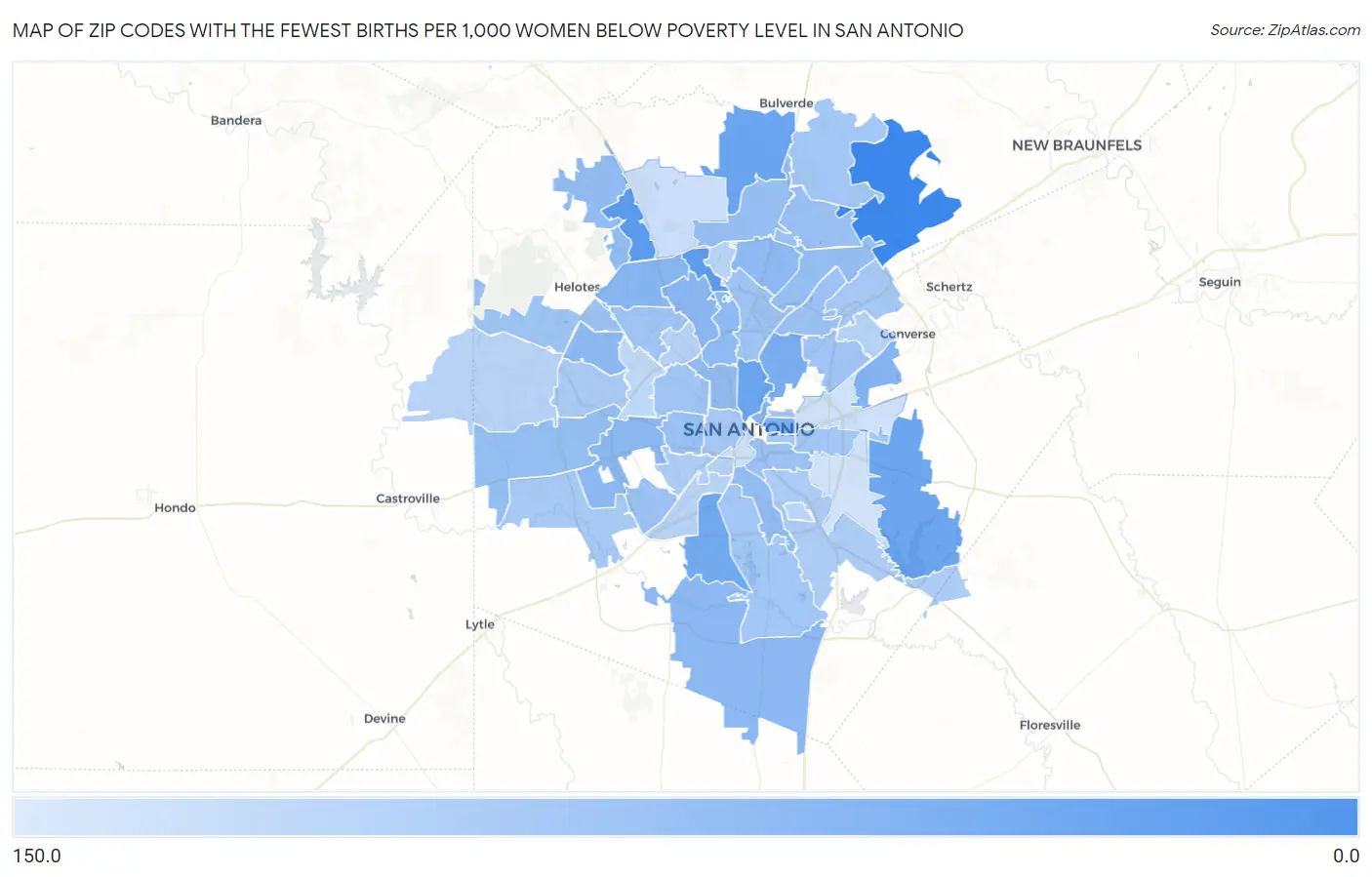 Zip Codes with the Fewest Births per 1,000 Women Below Poverty Level in San Antonio Map