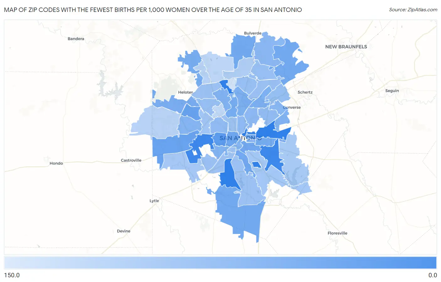 Zip Codes with the Fewest Births per 1,000 Women Over the Age of 35 in San Antonio Map