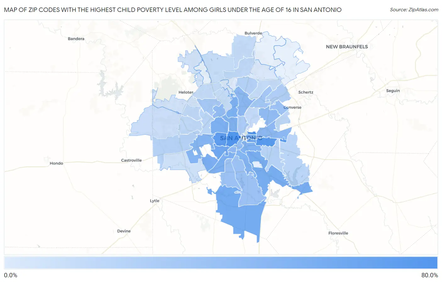 Zip Codes with the Highest Child Poverty Level Among Girls Under the Age of 16 in San Antonio Map