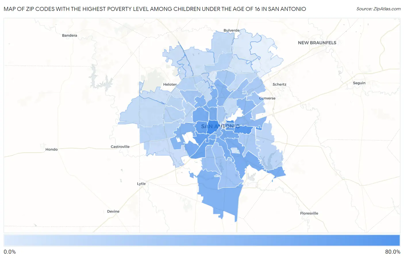 Zip Codes with the Highest Poverty Level Among Children Under the Age of 16 in San Antonio Map