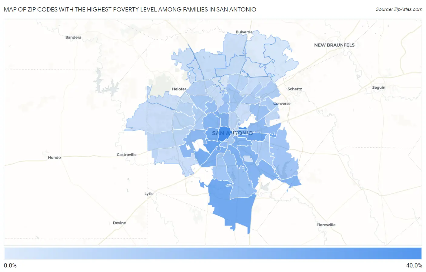 Zip Codes with the Highest Poverty Level Among Families in San Antonio Map