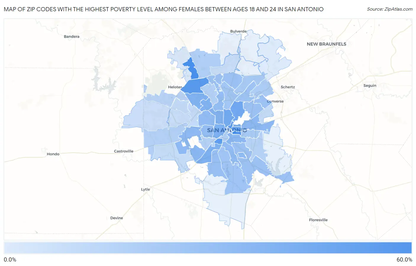 Zip Codes with the Highest Poverty Level Among Females Between Ages 18 and 24 in San Antonio Map