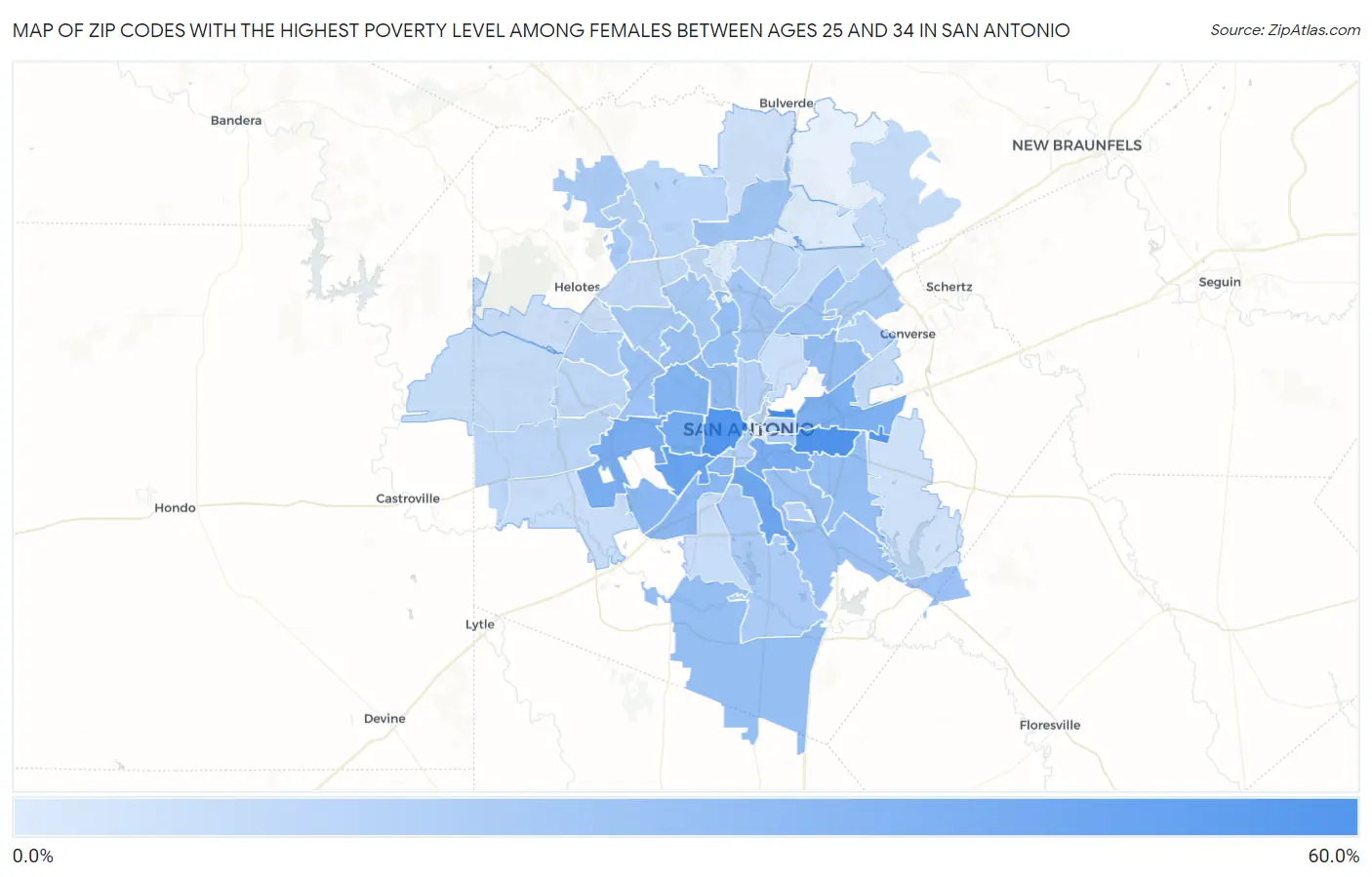 Zip Codes with the Highest Poverty Level Among Females Between Ages 25 and 34 in San Antonio Map