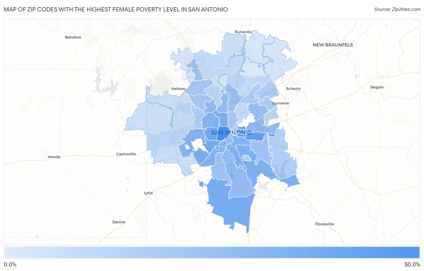 Zip Codes with the Highest Female Poverty Level in San Antonio Map