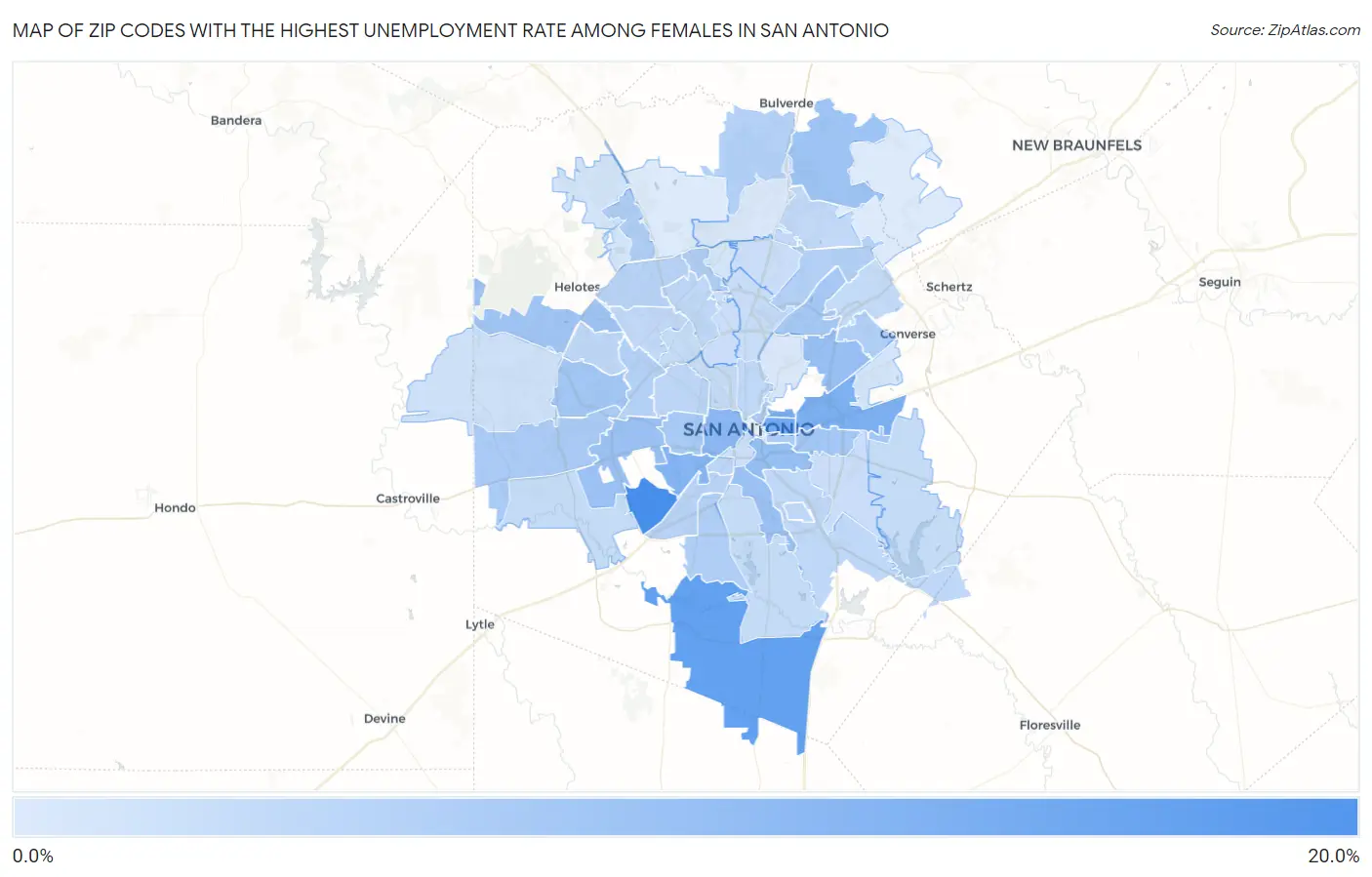 Zip Codes with the Highest Unemployment Rate Among Females in San Antonio Map