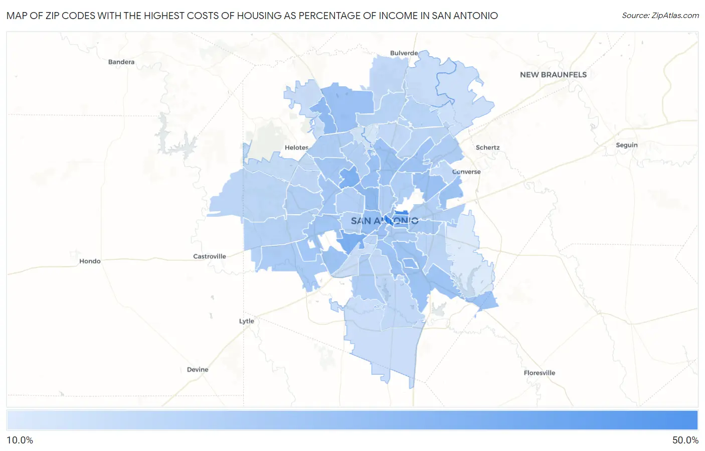 Zip Codes with the Highest Costs of Housing as Percentage of Income in San Antonio Map
